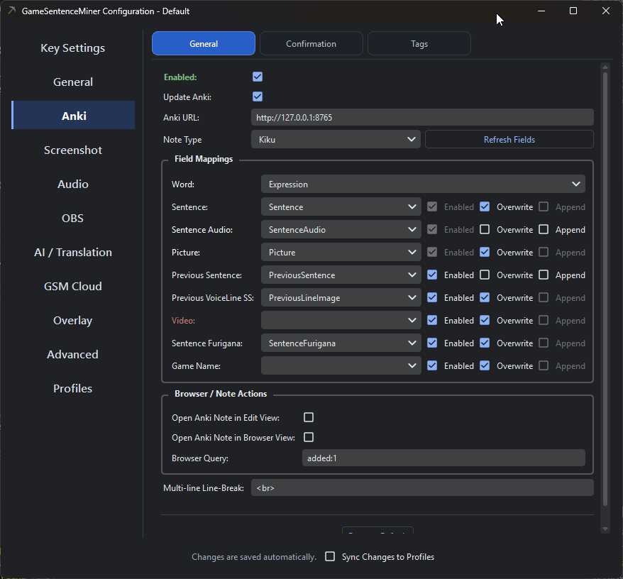 Anki settings tab