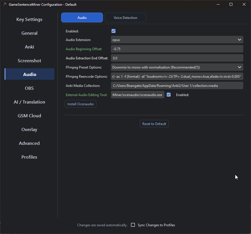 Audio settings for fine-tuning