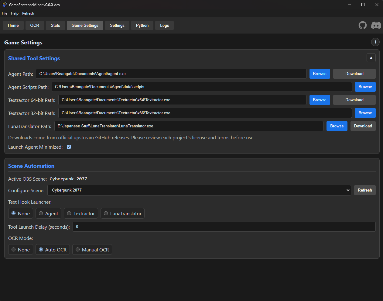Launcher tab with scene profiles
