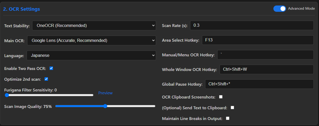 OCR Advanced settings mode