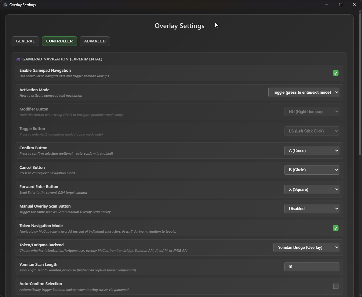 Overlay controller settings with gamepad navigation enabled