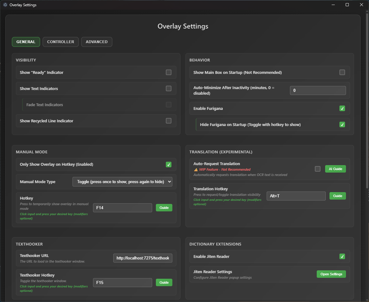Overlay settings panel